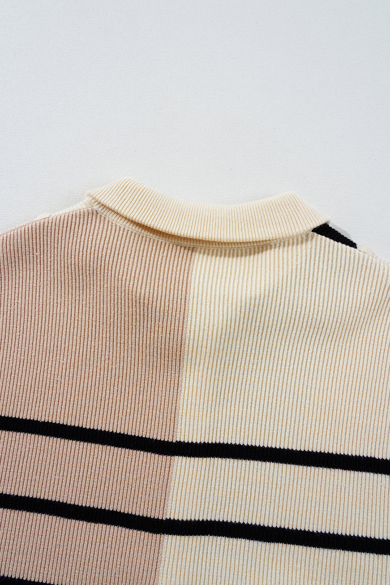 Brown Stripe Color Block Quarter Zip Collar Short Sleeve Sweater Dress