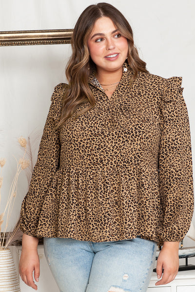 Leopard Frilled Shoulder Decor Plus Size Babydoll Top