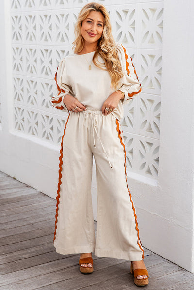 White Colorblock Ric Rac Trim Sleeve Top and Wide Leg Pants Set