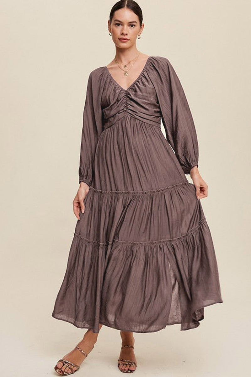 V Neck Bowknot Cutout Frill Tiered Maxi Dress