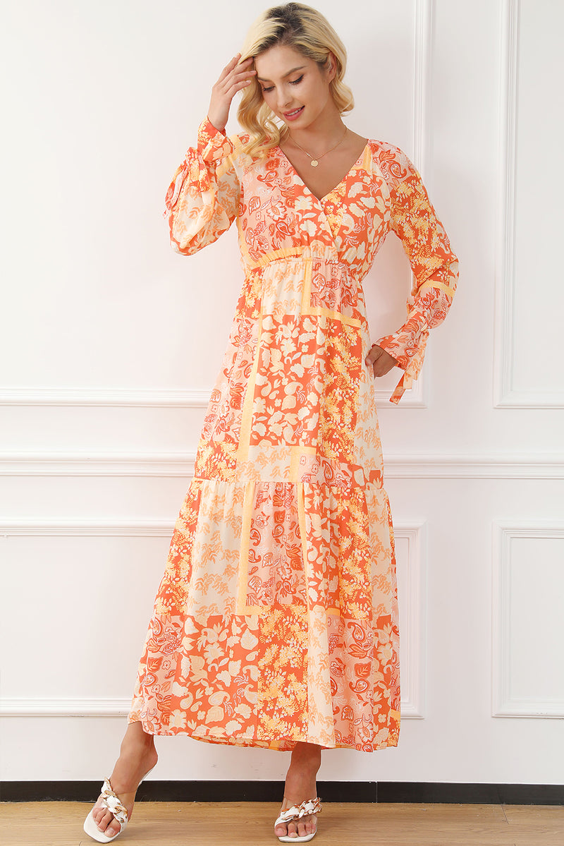 Orange Boho Floral Wrap V Neck Tie Long Sleeve Dress