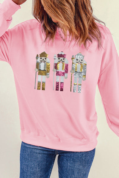 Pink Christmas Nutcracker Patched Drop Shoulder Sweatshirt