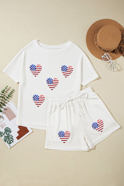 White Sequin American Flag Heart Shape Waffle Knit Shorts Set