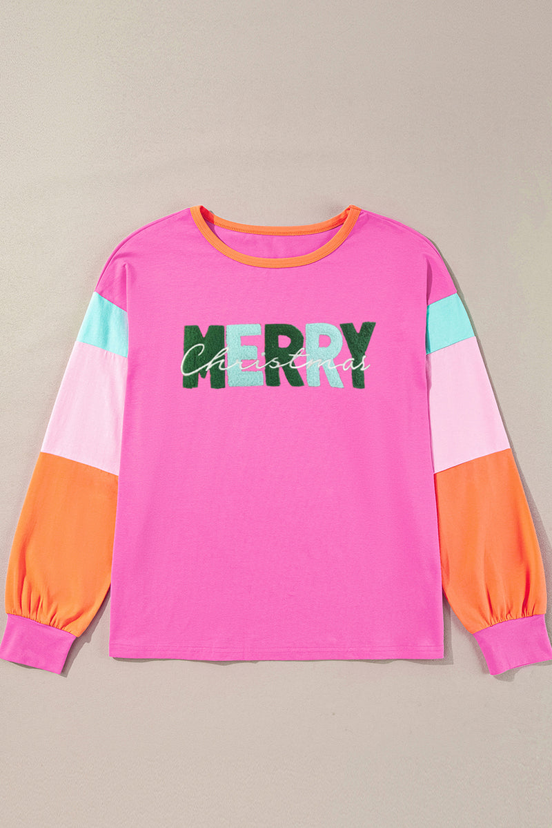 Rose Red Chenille MERRY Christmas Patched Colorblock Long Sleeve Top