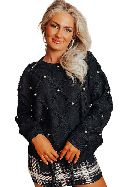 Black Pearl Embellished Rhombus Pattern Sweater