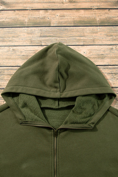 Brown Fleece Lined Half Zipper Kangaroo Pockets Loose Hoodie