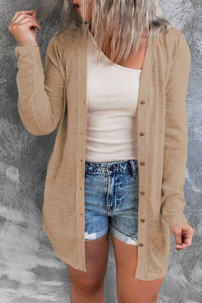 Brown Buttoned Thigh-high Length Plus Size Cardigan