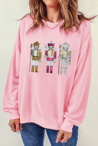 Pink Christmas Nutcracker Patched Drop Shoulder Sweatshirt