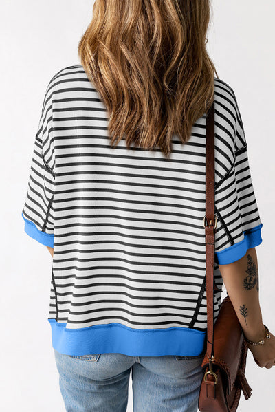 Sky Blue Stripe Oversized Contrast Trim Exposed Seam High Low T Shirt