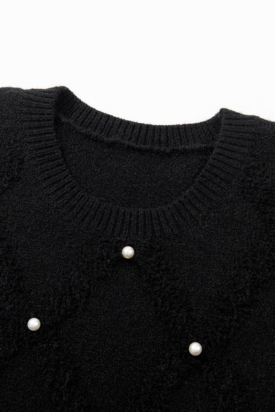 Black Pearl Embellished Rhombus Pattern Sweater