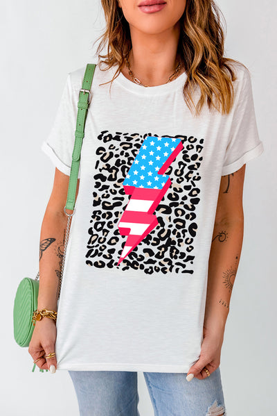 White Leopard American Flag Lightning Graphic T Shirt