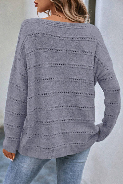 Boat Neck Drop Shoulder Pointelle Knit Sweater