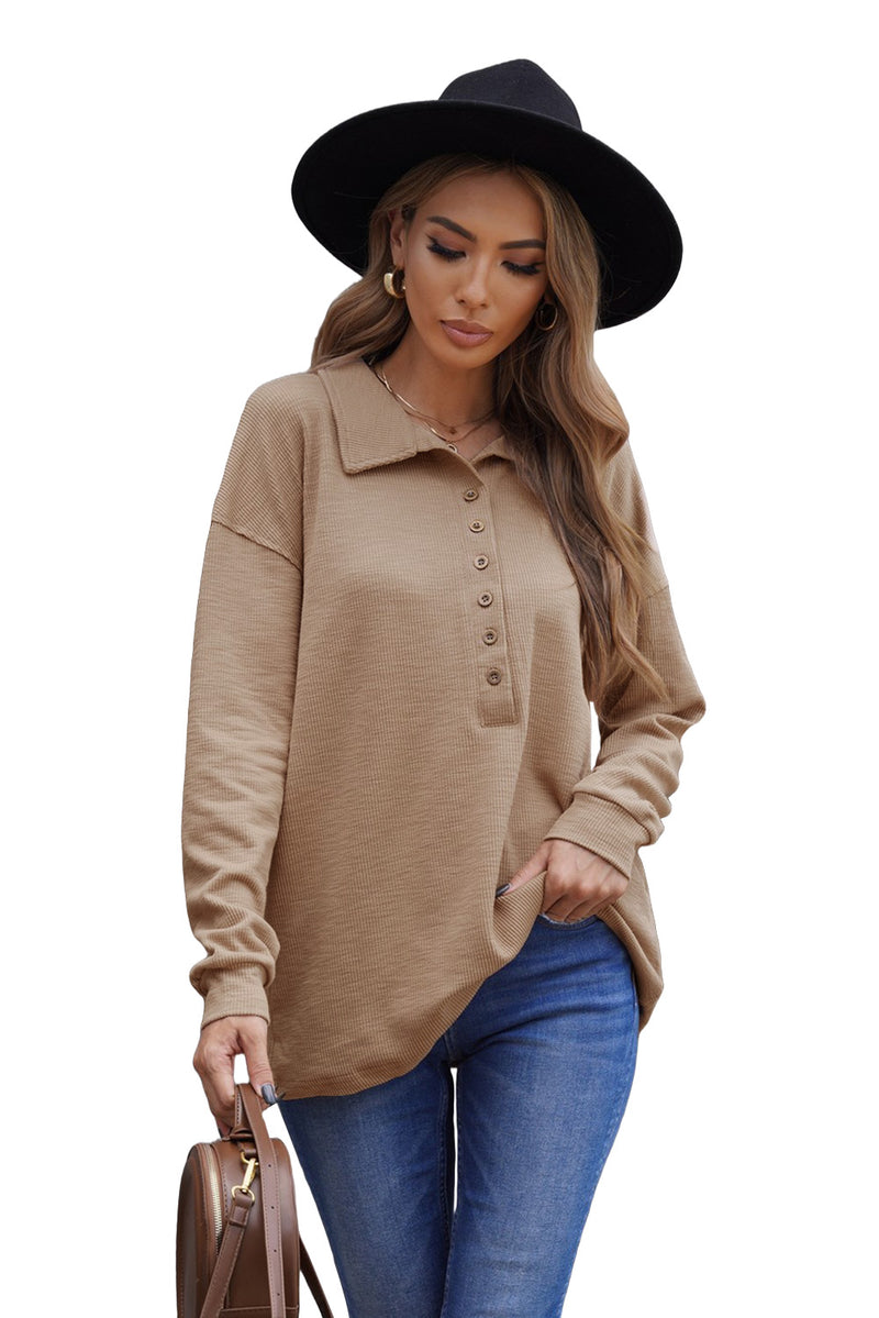 Khaki Button Front Turn-down Neck Knit Top