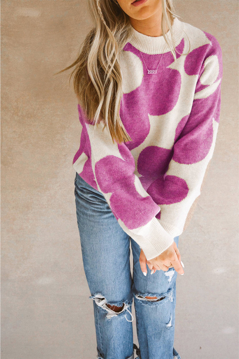 Bright Pink Big Flower Pattern Drop Shoulder Sweater