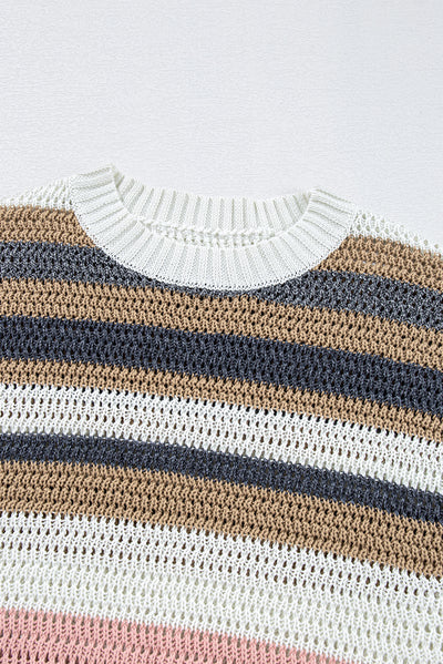 Pink Stripe Color Block Eyelet Knit Short Sleeve Sweater Tee