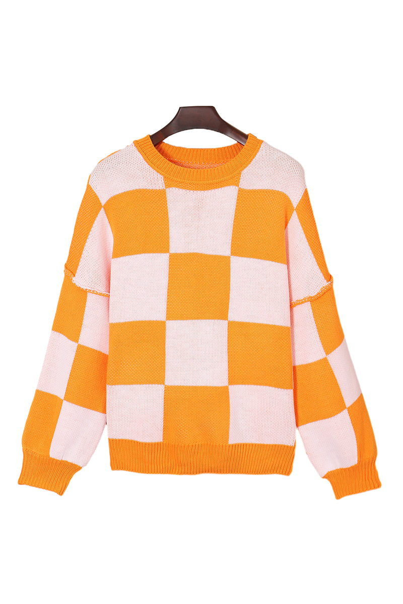 Rose Stripe Checkered Bishop Sleeve Sweater