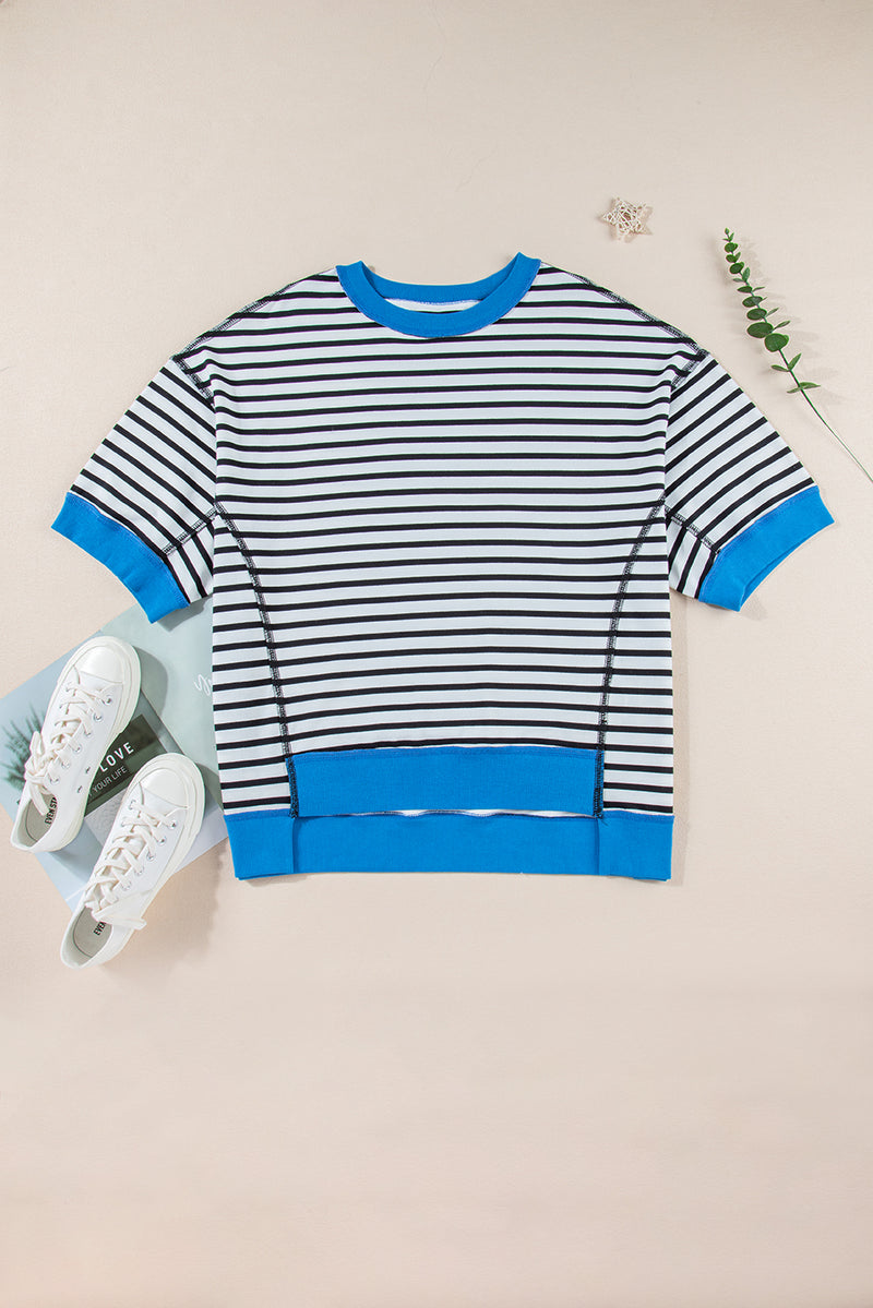 Sky Blue Stripe Oversized Contrast Trim Exposed Seam High Low T Shirt