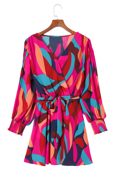 Multicolor Abstract Printed Belted Puff Sleeve Mini Dress