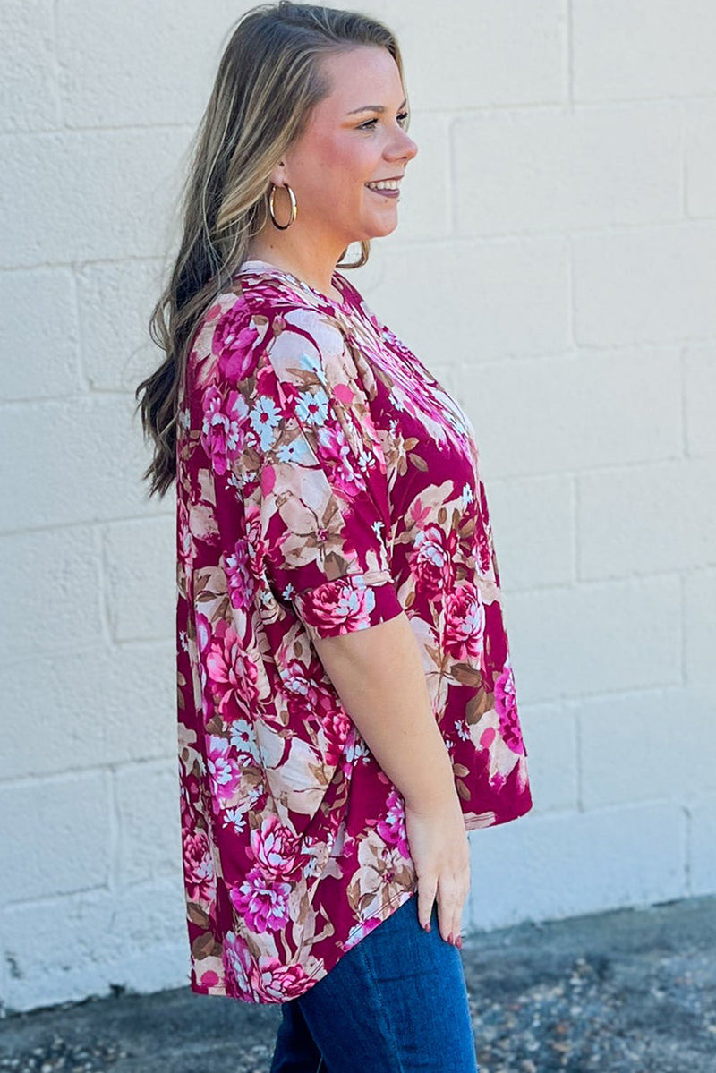 Red Floral Print Short Sleeve Plus Size Blouse