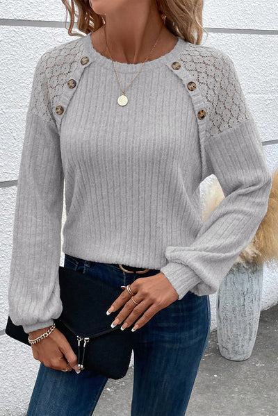 Contrast Lace Raglan Sleeve Buttoned Ribbed Top