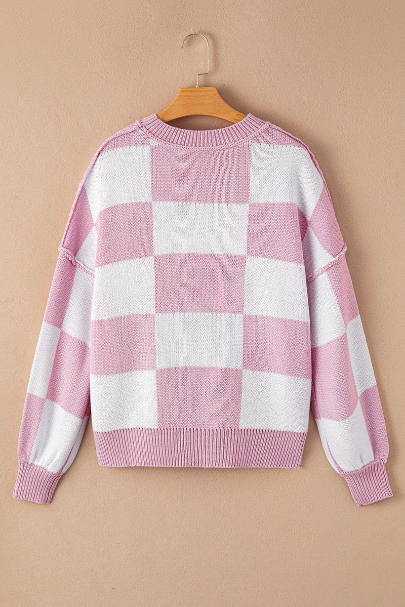 Rose Stripe Checkered Bishop Sleeve Sweater