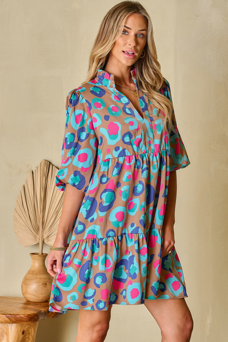 Leopard Bubble Sleeve Ruffled Dress