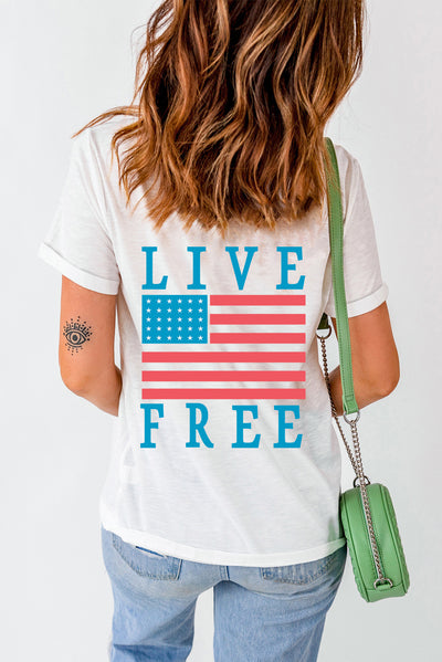 White Back American Flag LIVE FREE Graphic T Shirt