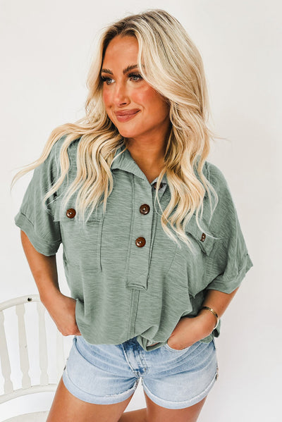 Chest Pockets Half Buttoned Collared Blouse