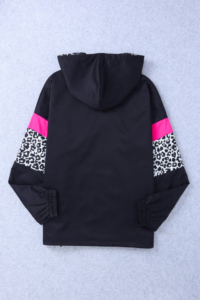White Leopard Color Block Pockets Zip-up Hooded Jacket