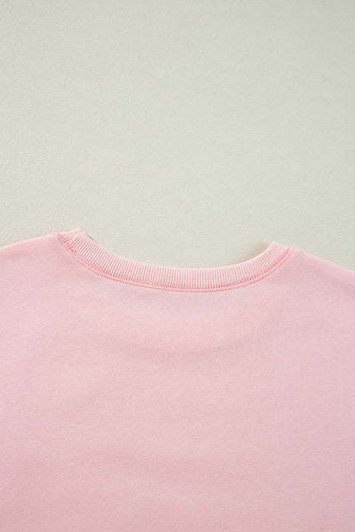 Light Pink Bow Thread Embroidery Ribbed Edge Sweatshirt