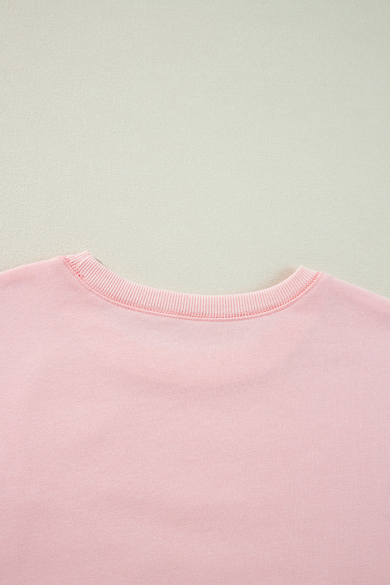 Light Pink Bow Thread Embroidery Ribbed Edge Sweatshirt