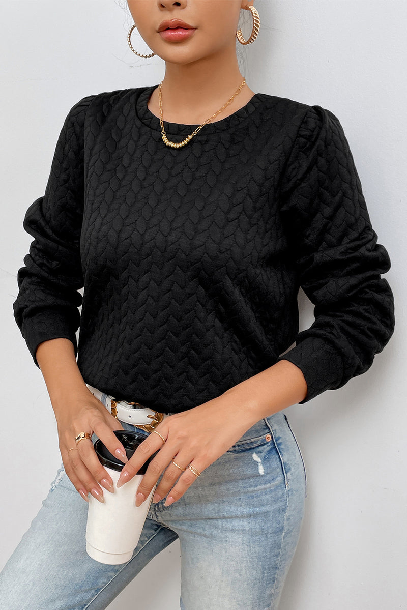 Cable Textured Puff Sleeve Sweatshirt