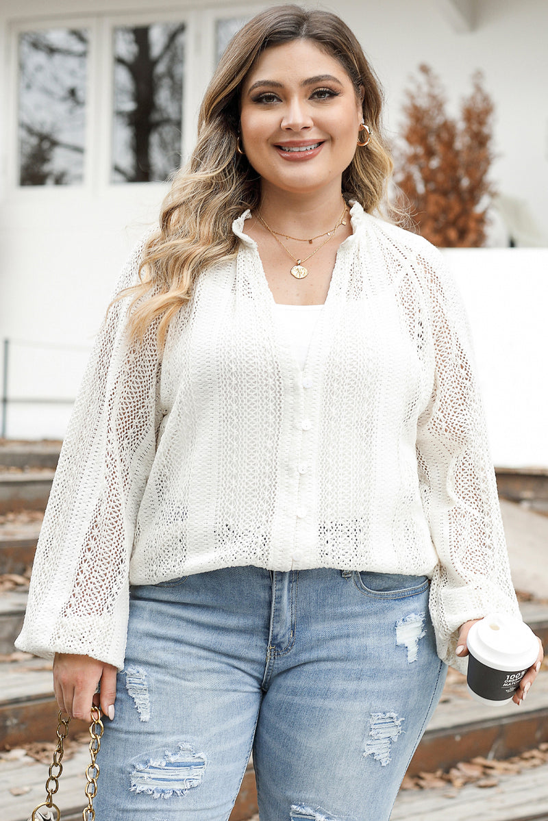 White plus Size Lace Hollow Out V-Neck Button Up Shirt