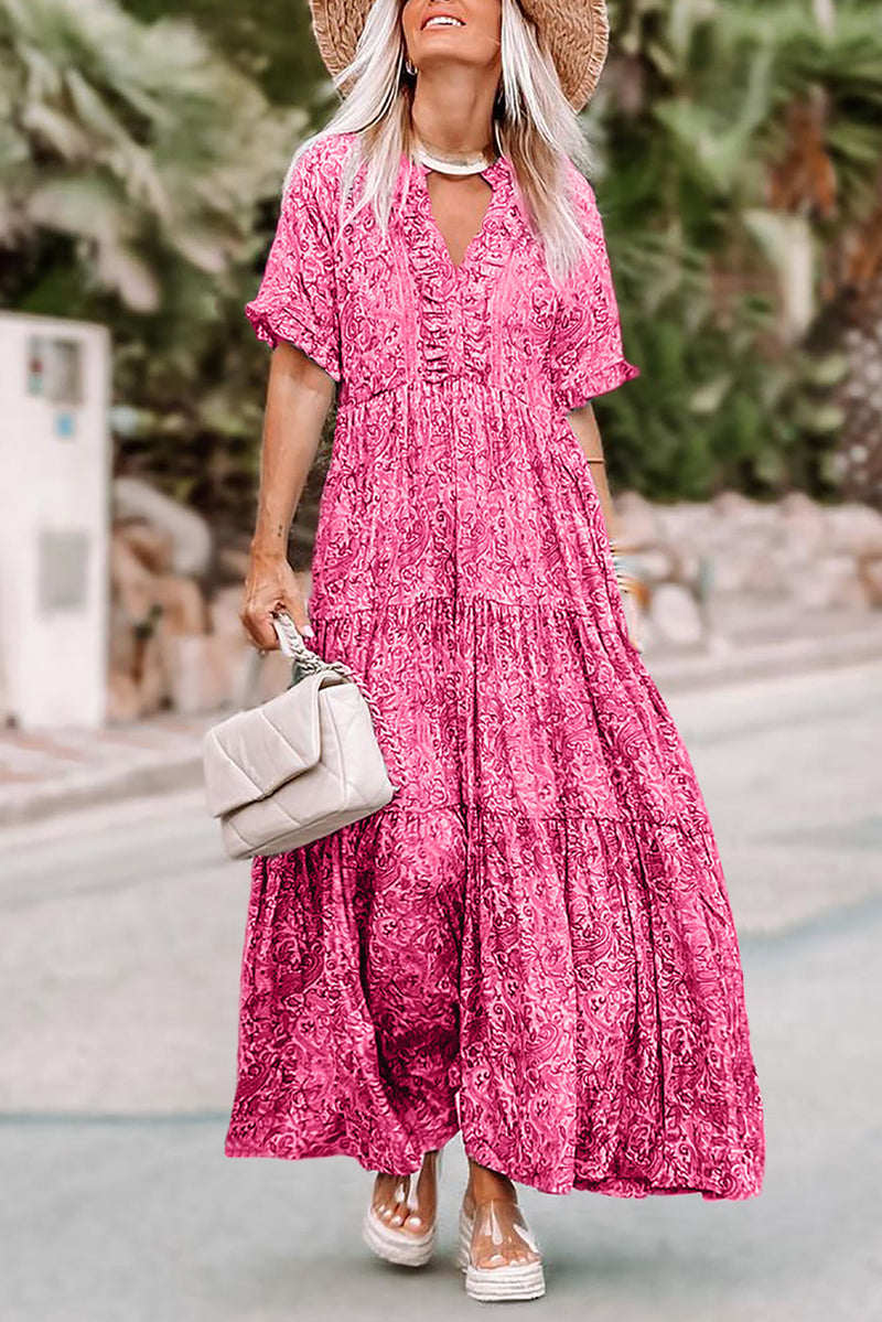 Paisley Print Boho Holiday Ruffle Tiered Maxi Dress