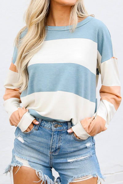 Rose Red Colorblock Striped Drop Shoulder Long Sleeve Top