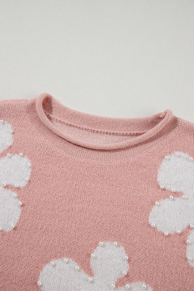 Light Pink Pearled Flower Distressed Edge Sweater T Shirt