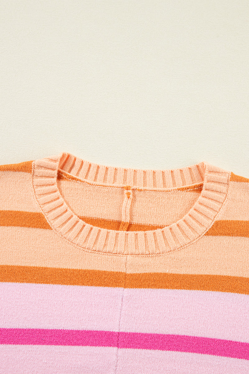 Yellow Stripe Gradient Striped Ribbed Edge Loose Sweater