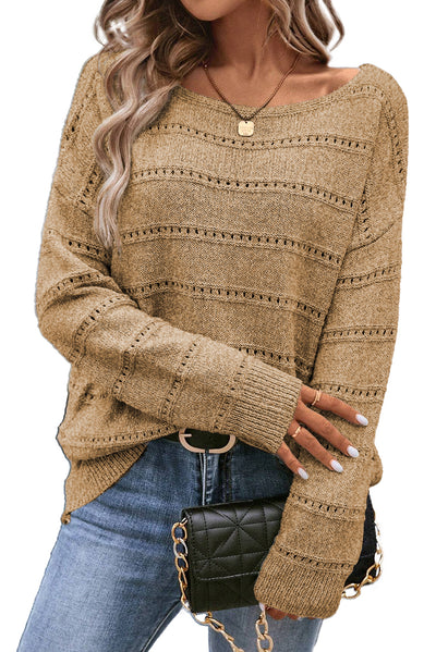 Boat Neck Drop Shoulder Pointelle Knit Sweater