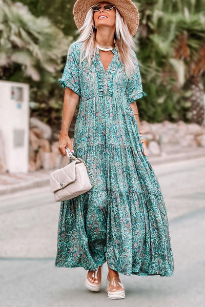 Paisley Print Boho Holiday Ruffle Tiered Maxi Dress