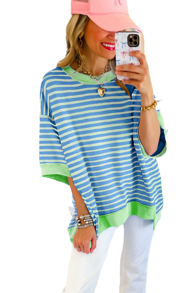 Sky Blue Stripe Oversized Contrast Trim Exposed Seam High Low T Shirt