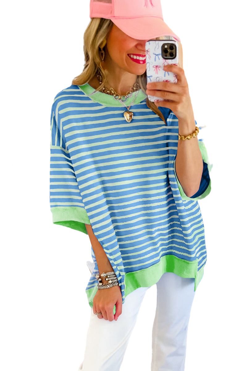 Sky Blue Stripe Oversized Contrast Trim Exposed Seam High Low T Shirt