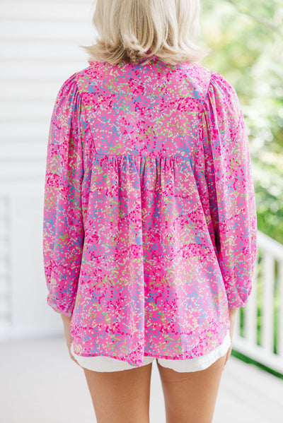 Purple Plus Size Floral Print Puff Sleeve V Neck Blouse