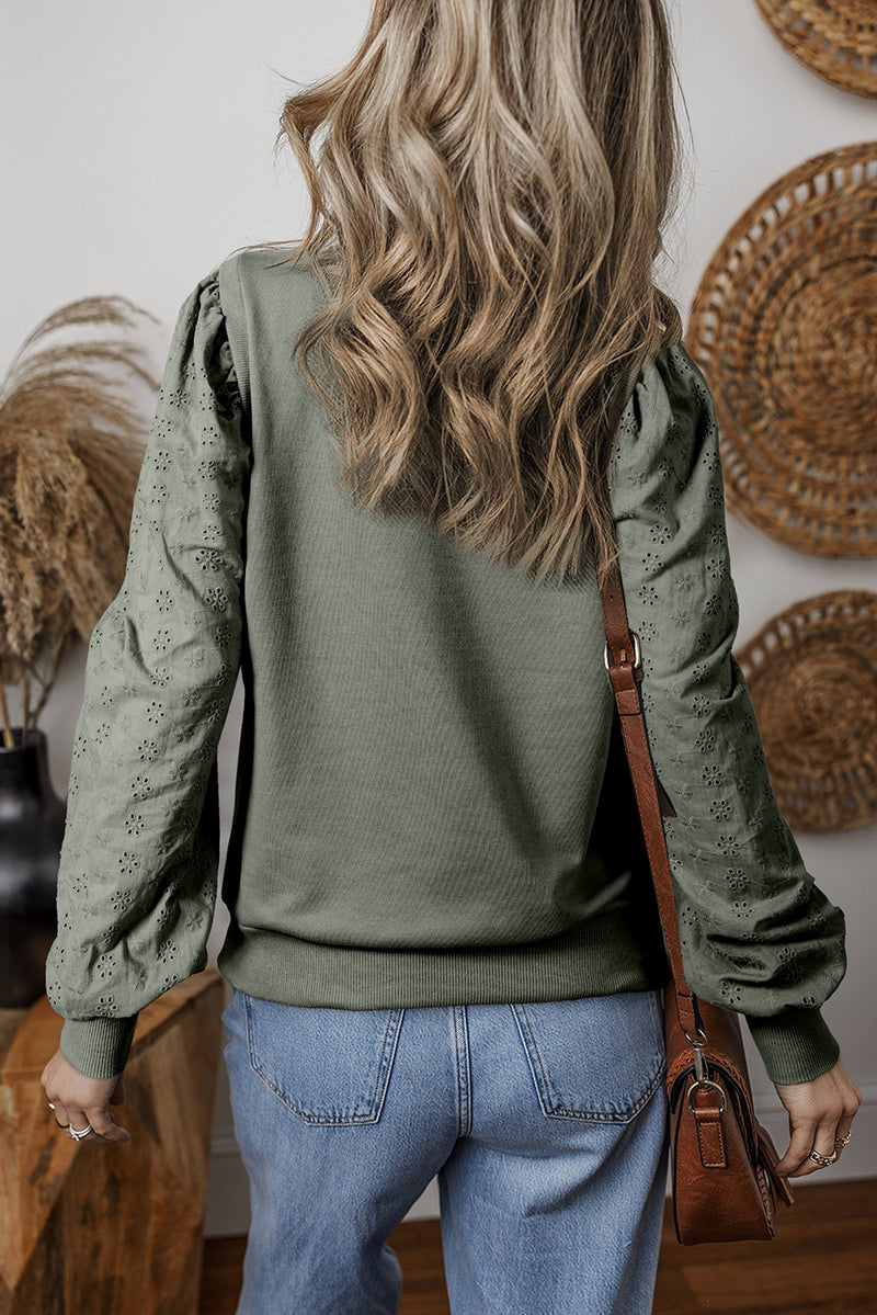 Mist Green Solid Patchwork Sleeve Round Neck Sweatshirt