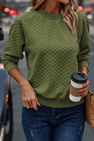 Solid Textured Raglan Sleeve Pullover Sweatshirt
