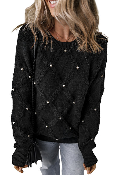 Black Pearl Embellished Rhombus Pattern Sweater