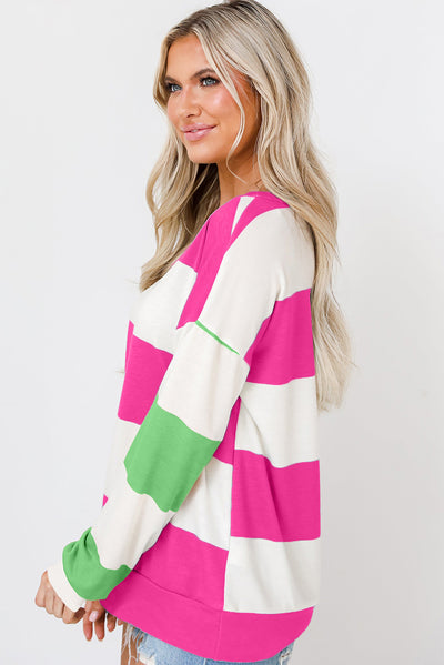 Rose Red Colorblock Striped Drop Shoulder Long Sleeve Top