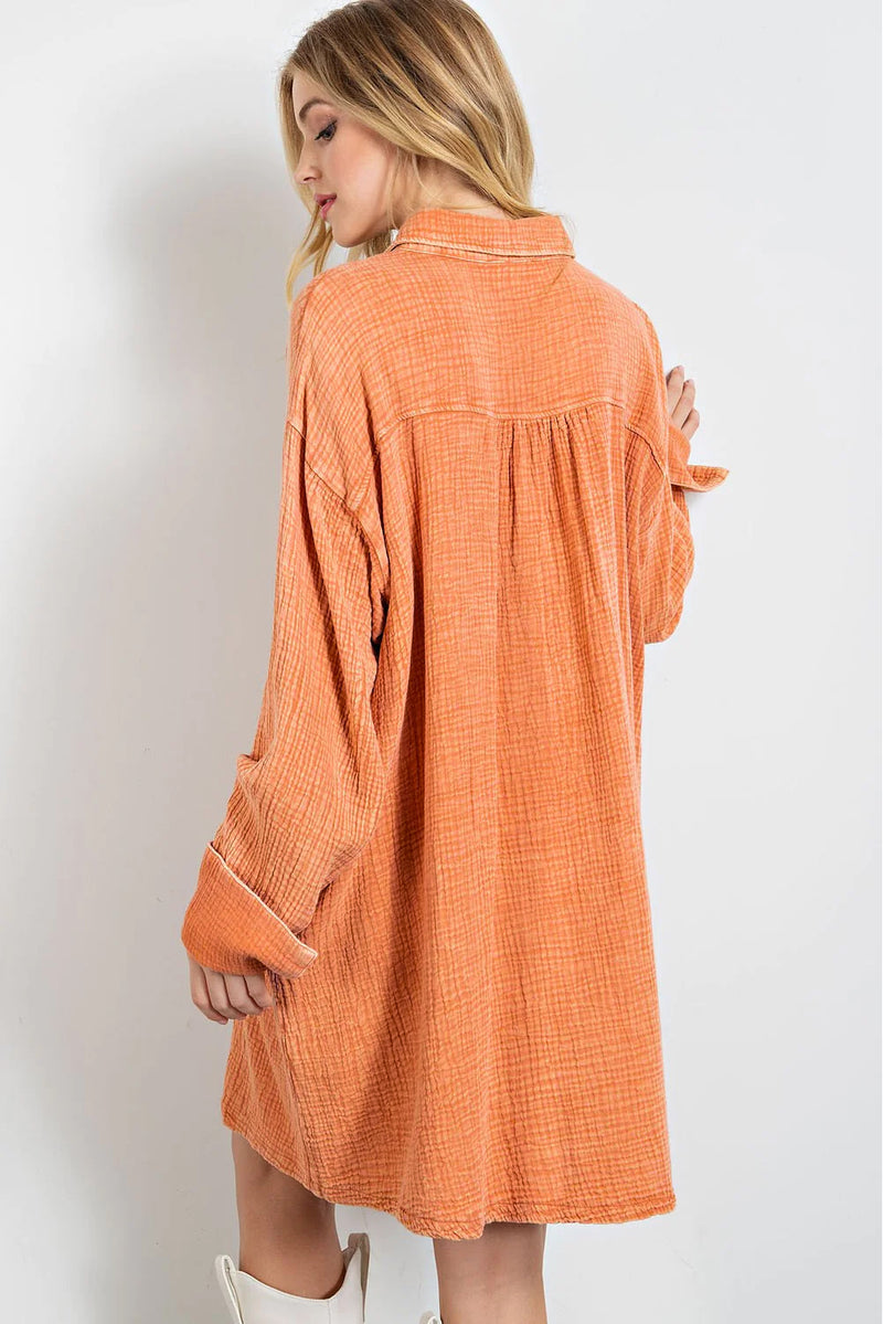 Orange Crinkled Pocket Oversized Shirt Dress