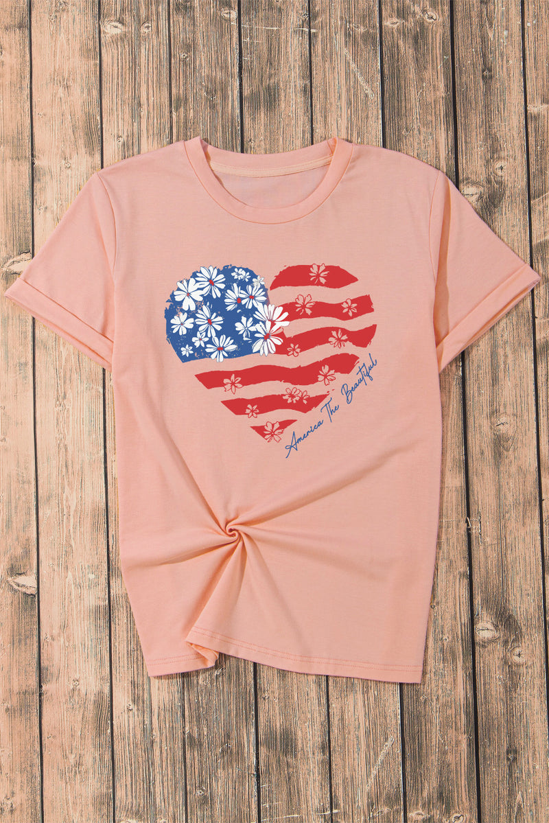 Pink Floral American Flag Heart Shape Graphic T Shirt