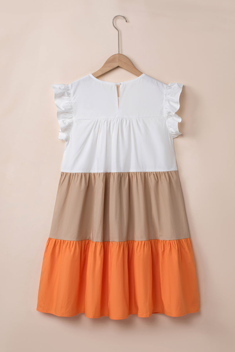 Apricot Colorblock Patchwork Ruffled Cap Sleeve Tiered Dress