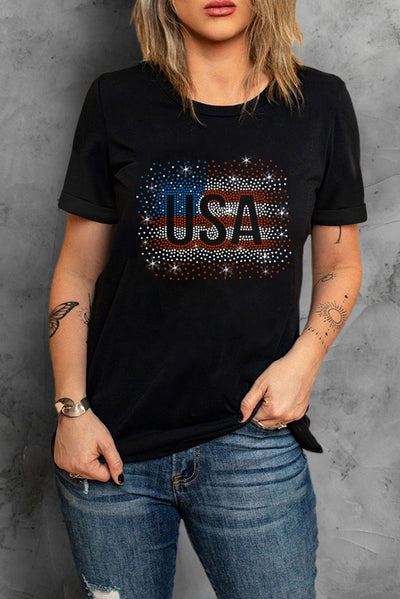 Black Rhinestone America Flag USA Graphic T Shirt